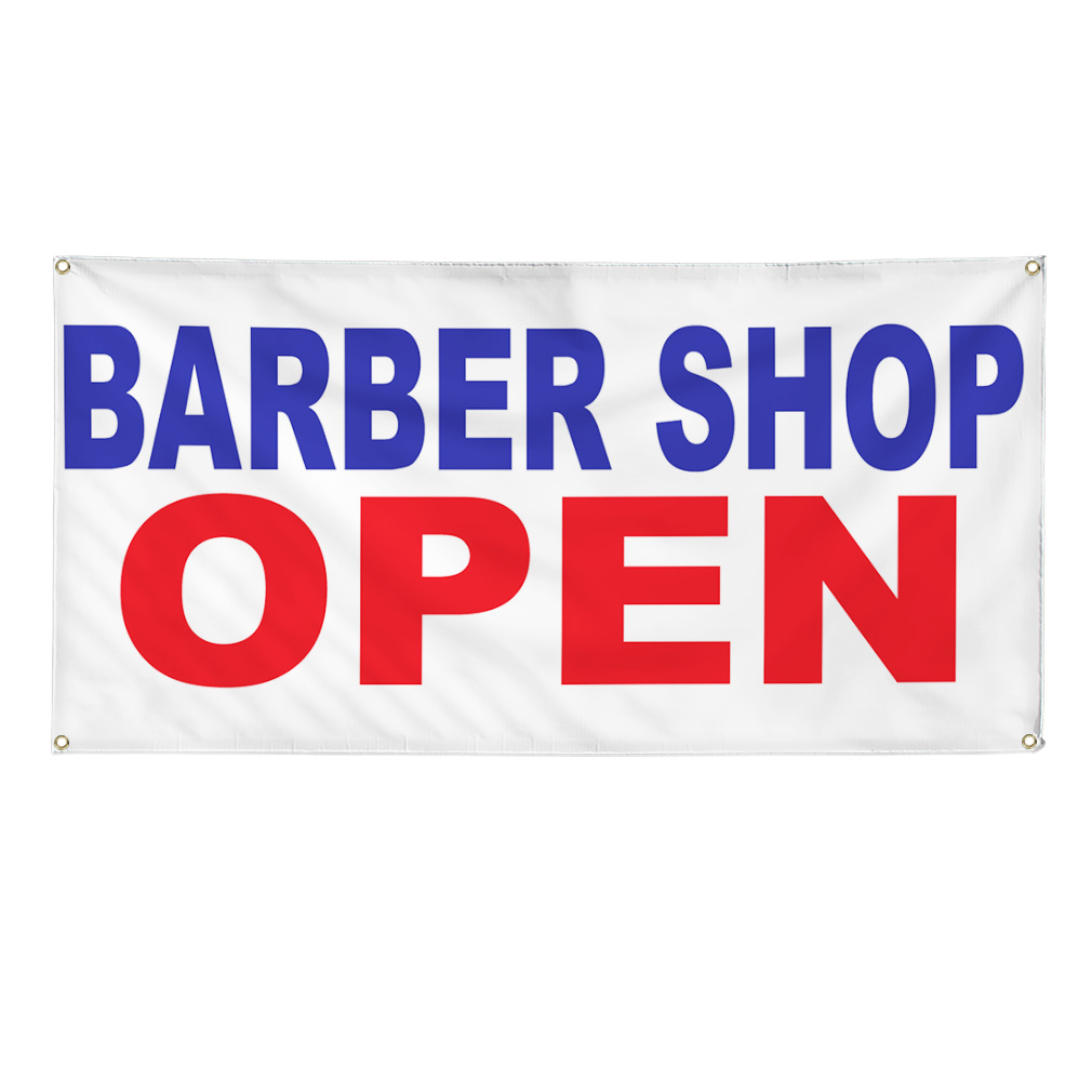 Vinyl Banner Multiple Sizes Barber Shop Open Blue Red Business Outdoor