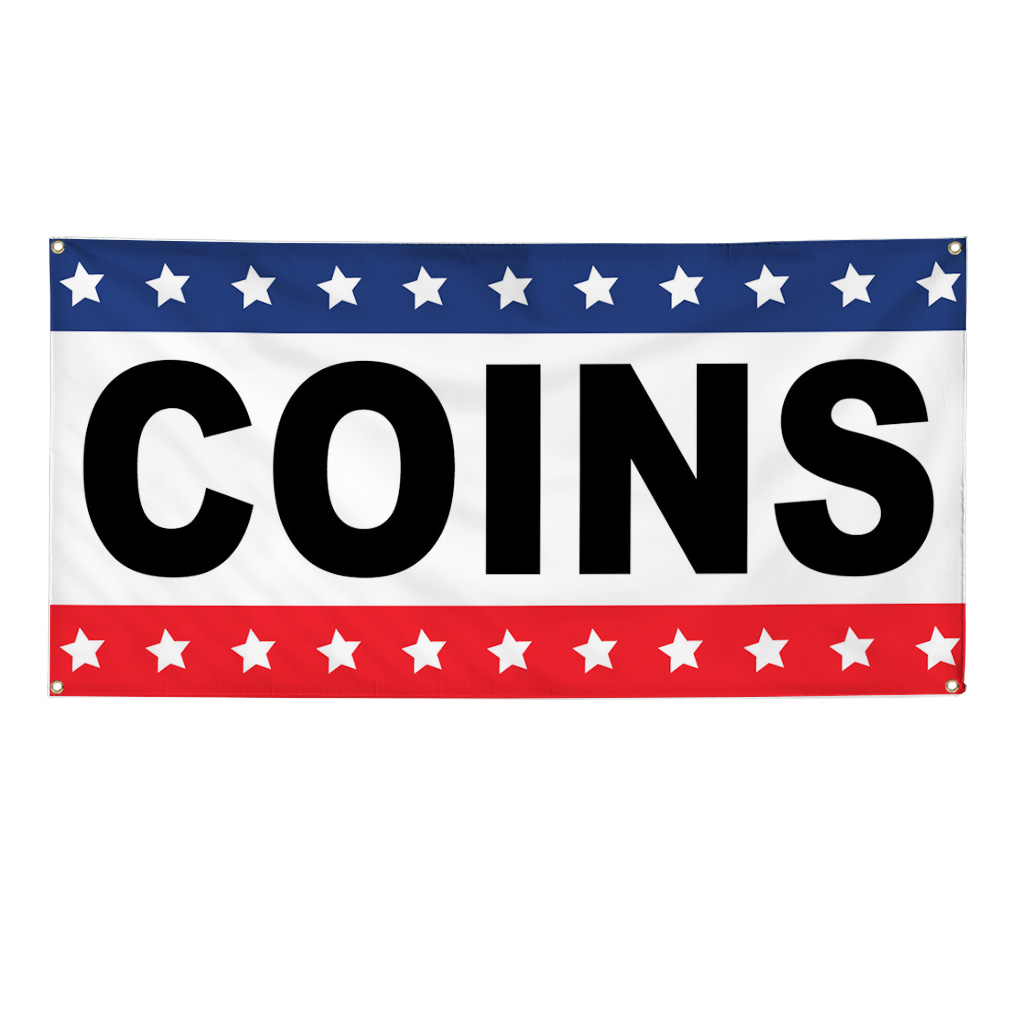 Vinyl Banner Multiple Sizes Coins Black Red Blue Inspiration & Motivation Money