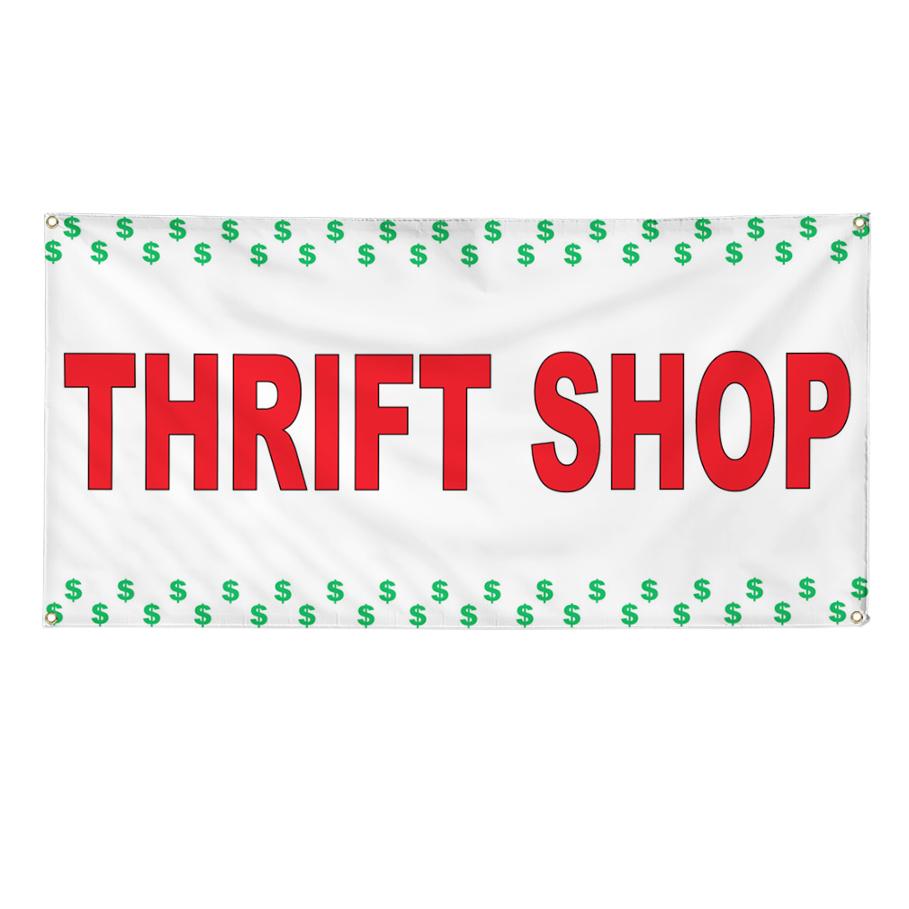 Vinyl Banner Multiple Sizes Thrift Shop Red B Weatherproof Industrial Yard Signs